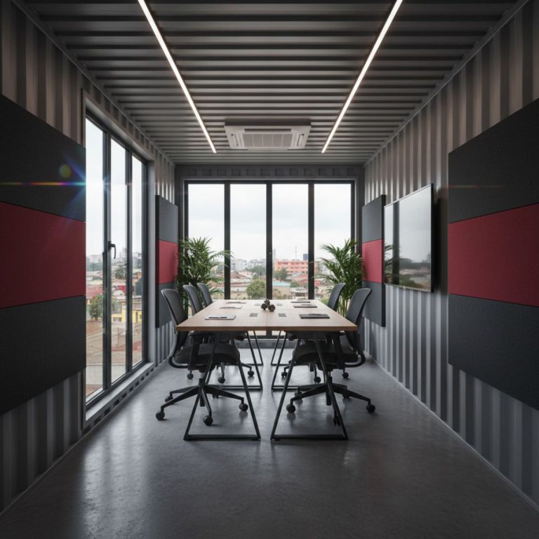 Interior of a modern training room container with desks and projector screen, built by IDEAL Containers in Kenya